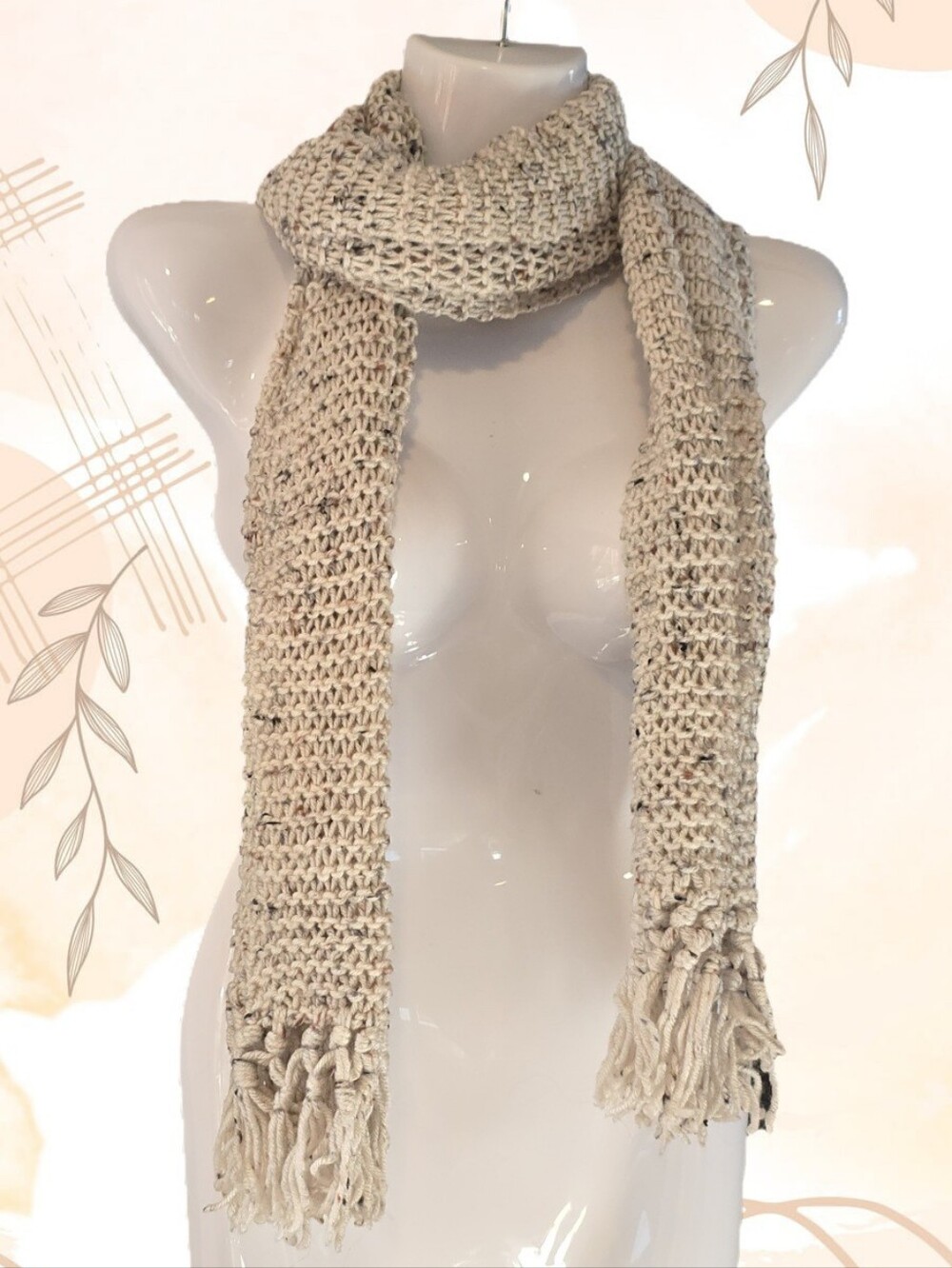 Handmade Cream Knit Scarf with Fringe - Women Accessories